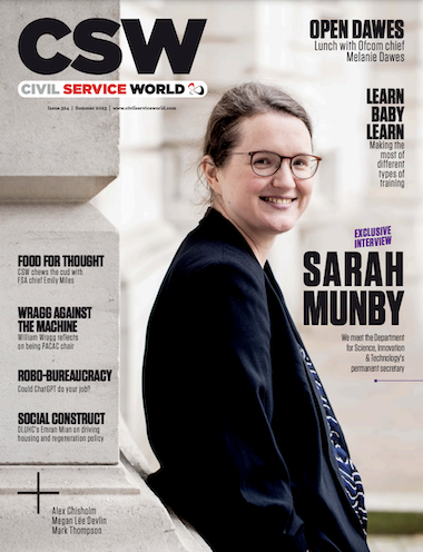 The front cover of CSW's summer 2023 issue. A smiling woman in businesswear and glasses leans against a stone wall, with the words "Sarah Munby" next to her in large text. The image is overlain with short subheadings, and CSW's logo in the top left corner
